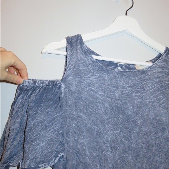 Altar’d State Top Light Blue Acid Stone Wash Crochet Hem Cold Shoulder Blouse - Picture 5 of 9
